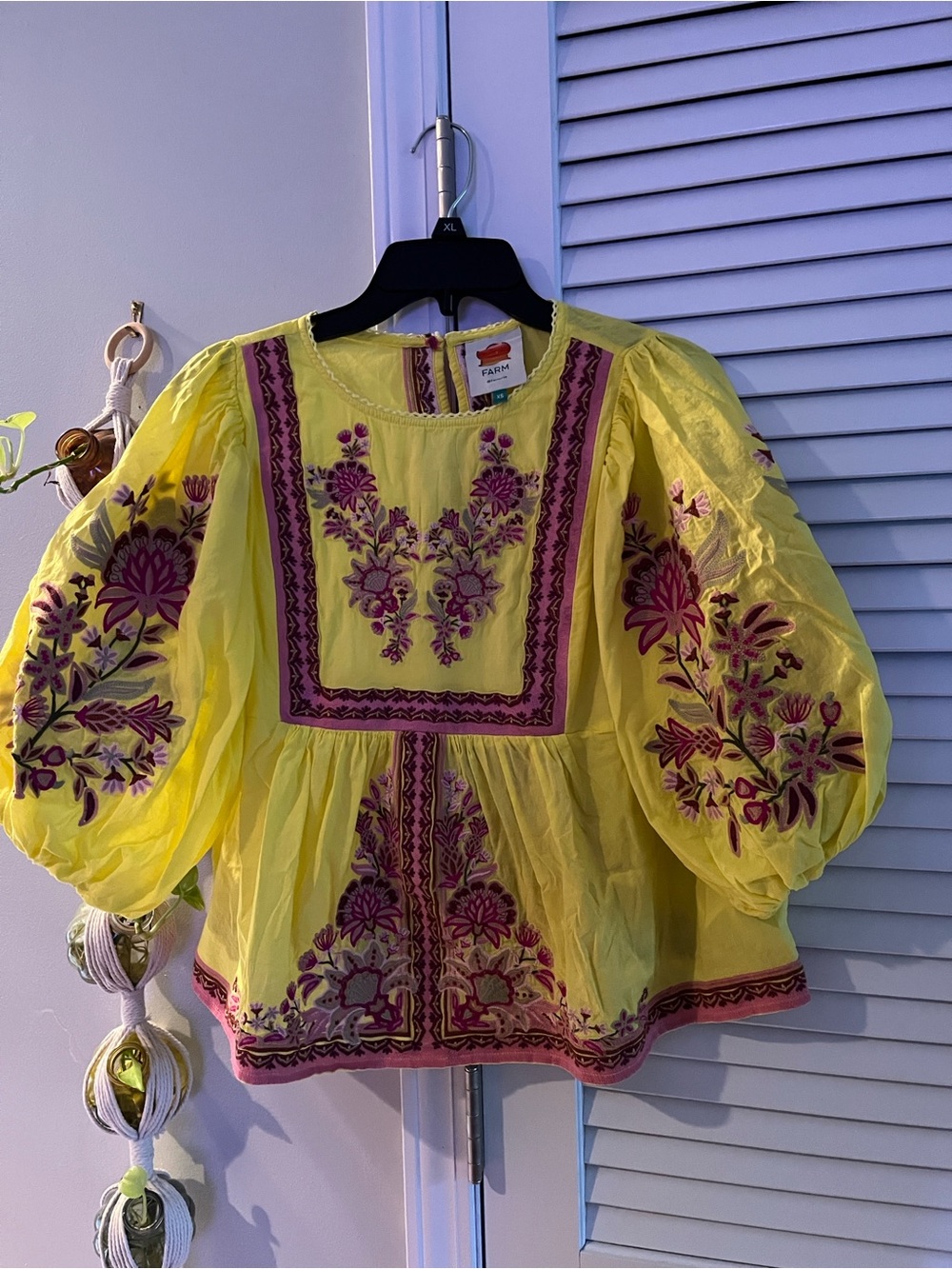 FARM Rio Yellow Tapestry Embroidered Peasant Top